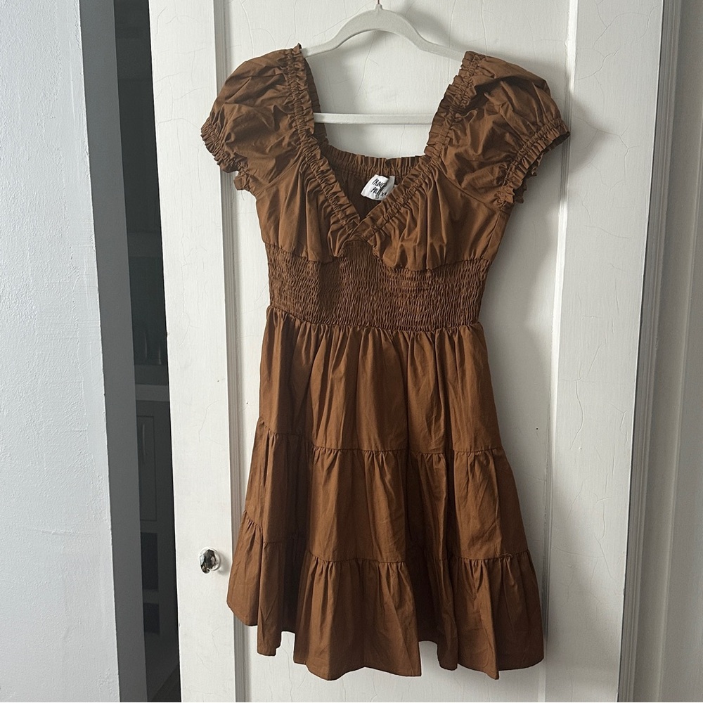 Princess Polly Brown Mini Dress Puff Sleeve Tiered Dress